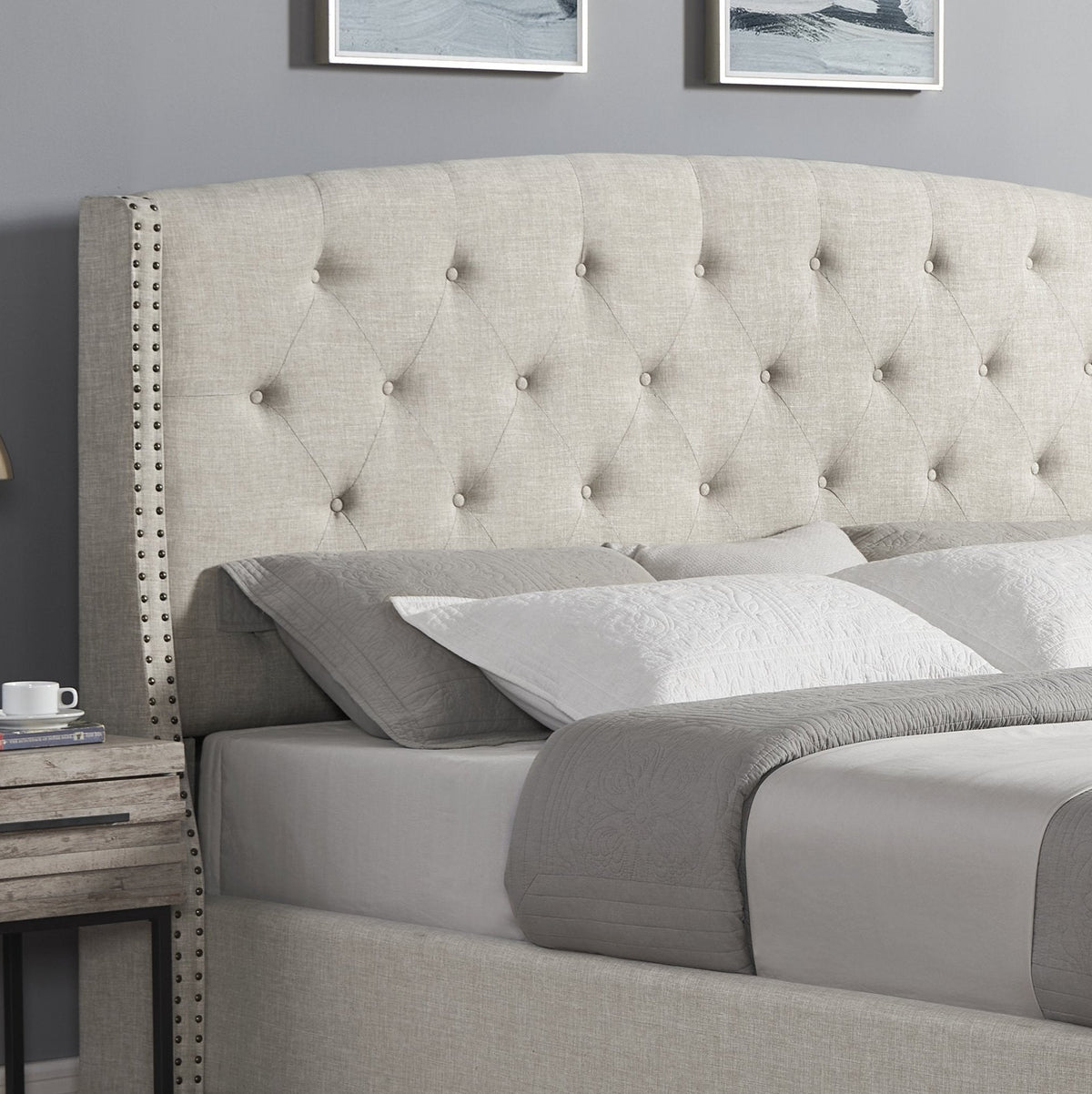 Upholstered Bedroom Set with Tufted Wingback Bed - Beige