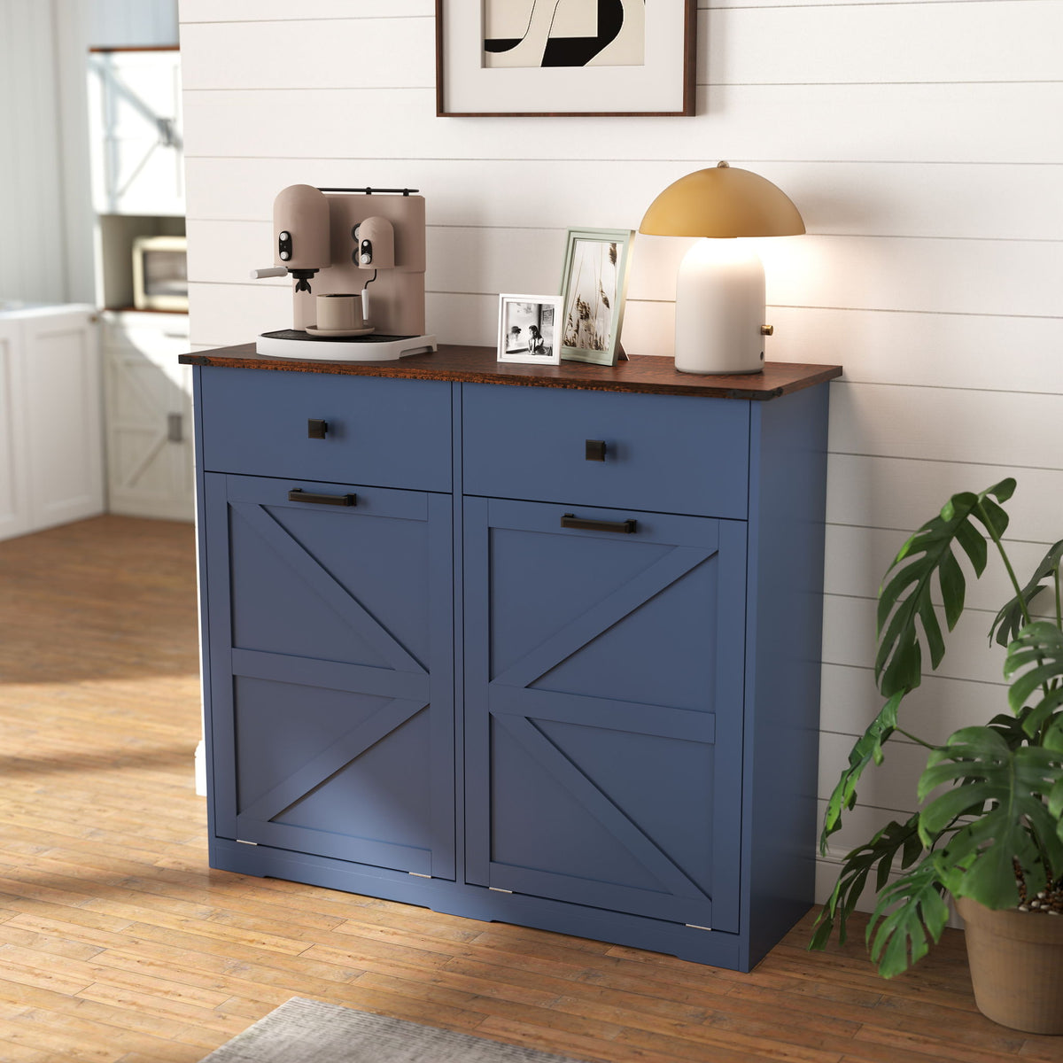 Double Tilt Out Trash Cabinet With Hideaway Drawer And Barn Door Style