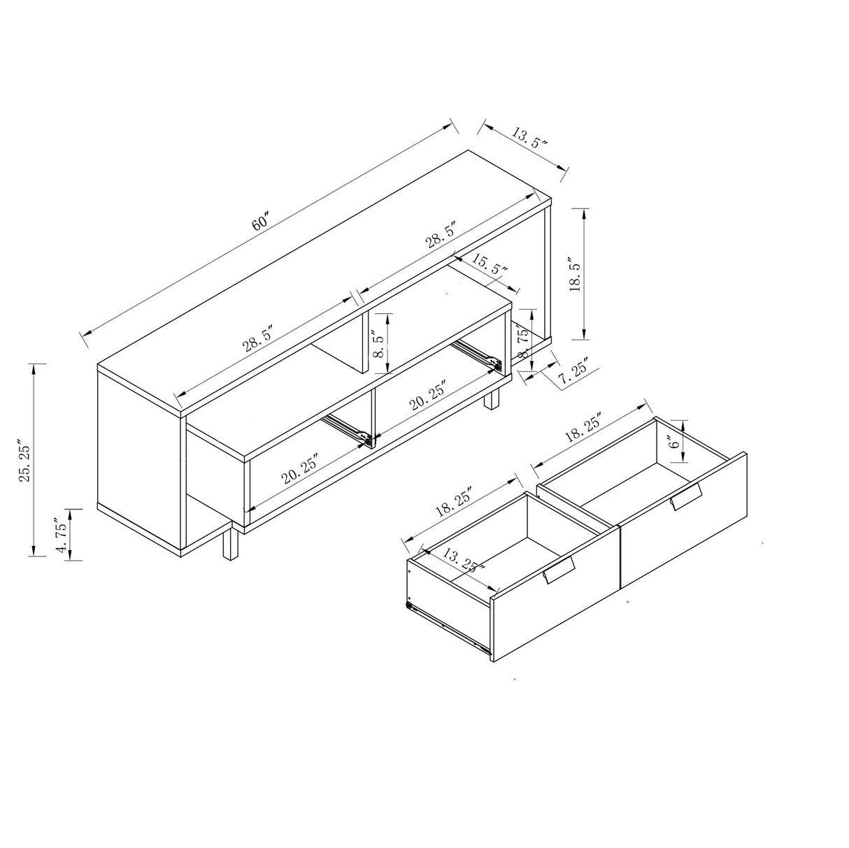 Modern 60" TV Stand with Two Shelves and Two Drawers - White
