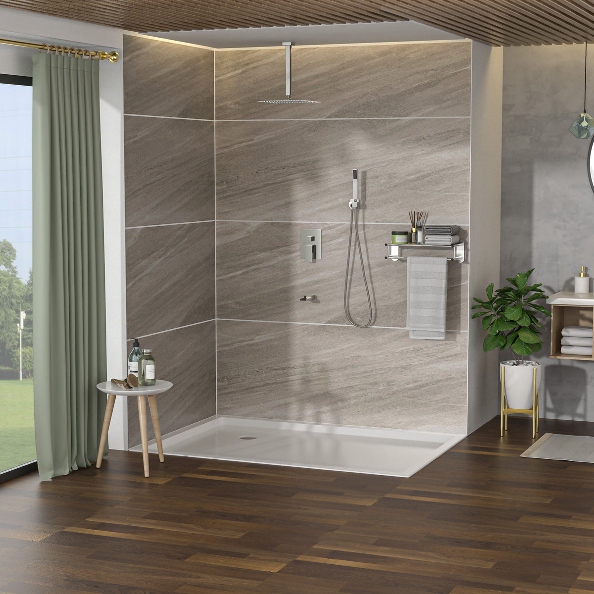 Modern Shower System With Waterfall Tub Spout, 12" Ceiling Mount Square Shower