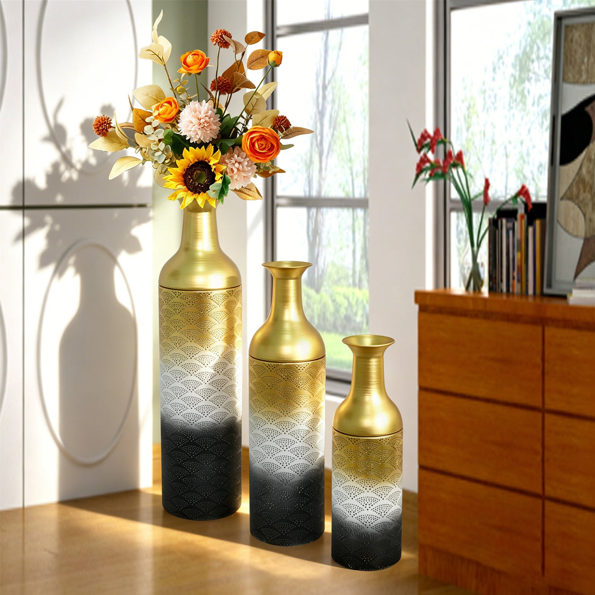 Decorative Metal Vases Set of 3, Leaf Pattern Floor Vases
