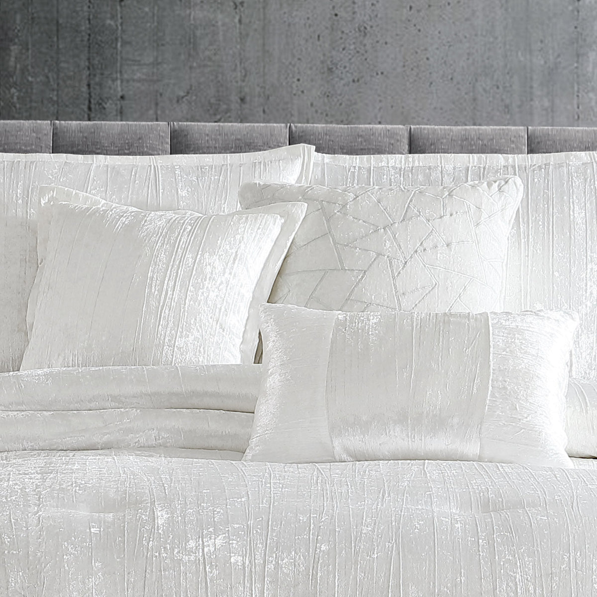 Turin 7 Piece White Crinkle Velvet Comforter Set with Plush Polyester Filling - White