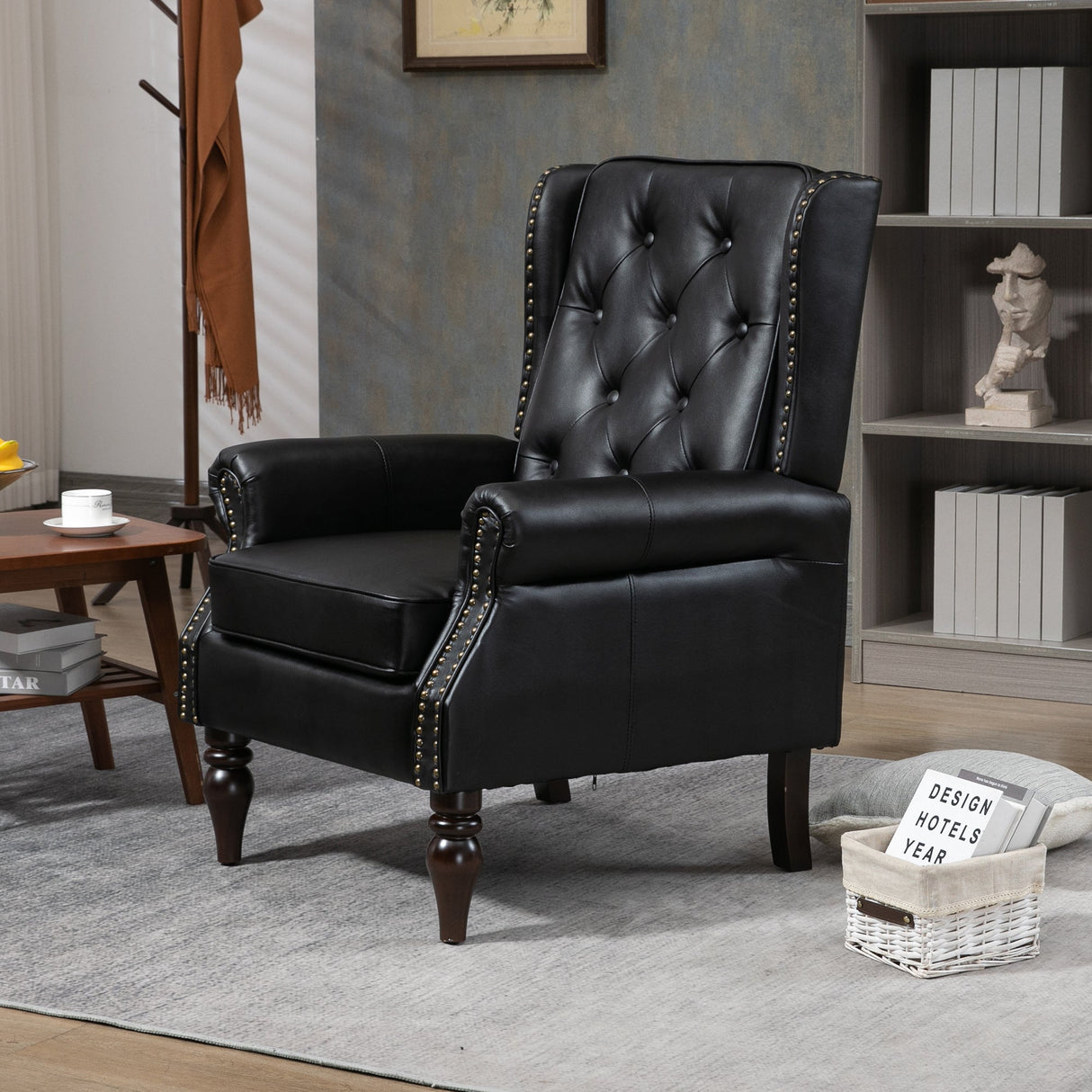 Modern Accent Armchair with Black PU Leather and Wood Legs