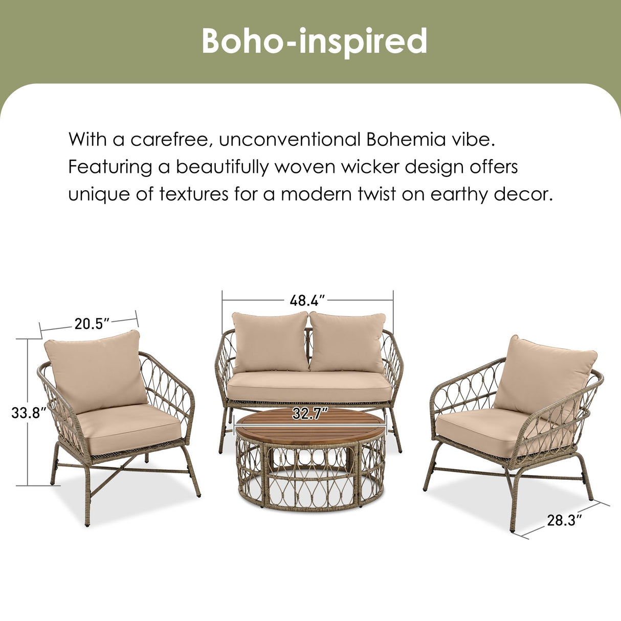 GO Bohemia-Inspired 4-Person Outdoor Seating Group with Removable Cushions