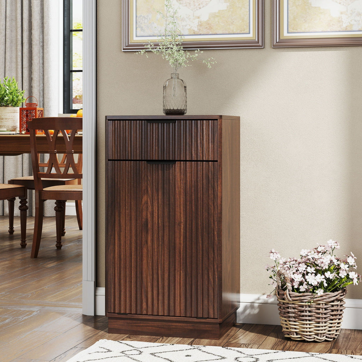 Tilt Out Trash Can Cabinet With Wave Textured Drawer & Pull Out Bin