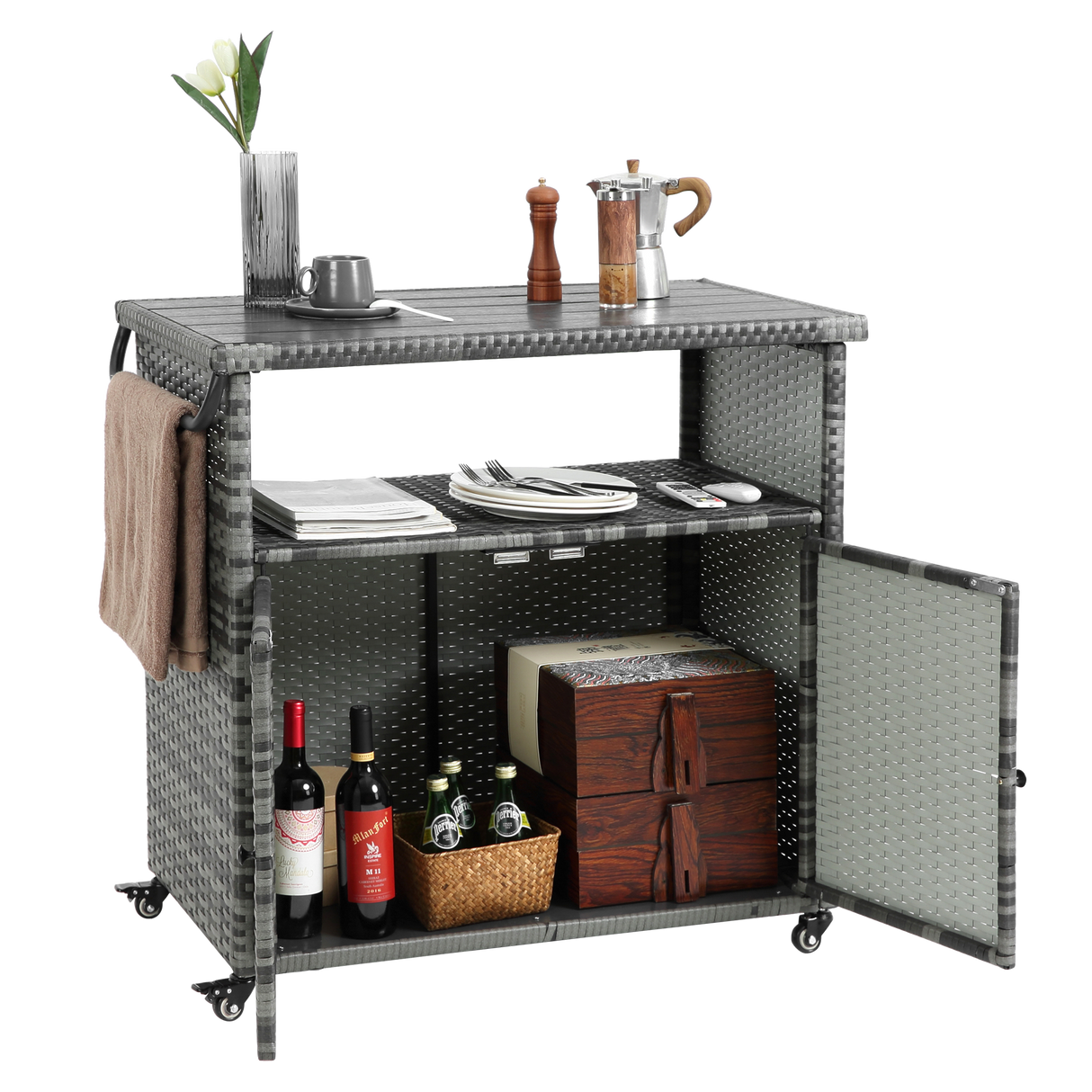 Outdoor Wicker Bar Cart with Glass Top and Wheels