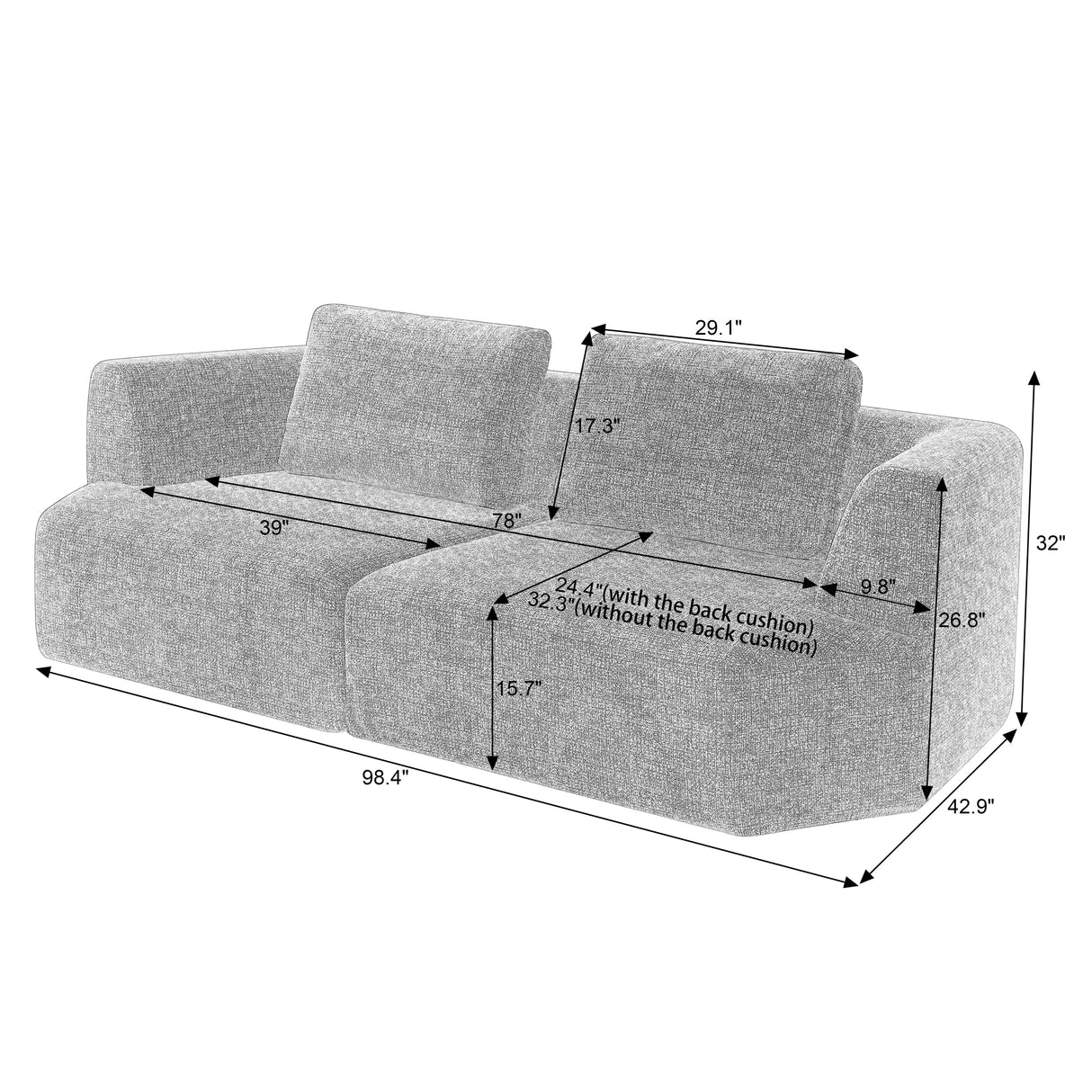 Oversized 3 Seater Compressed Sofa with Chenille Fabric
