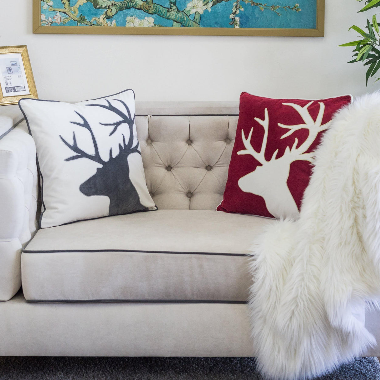 Holiday Reindeer Velvet Accent Pillow 20x20 – Red and White with Insert