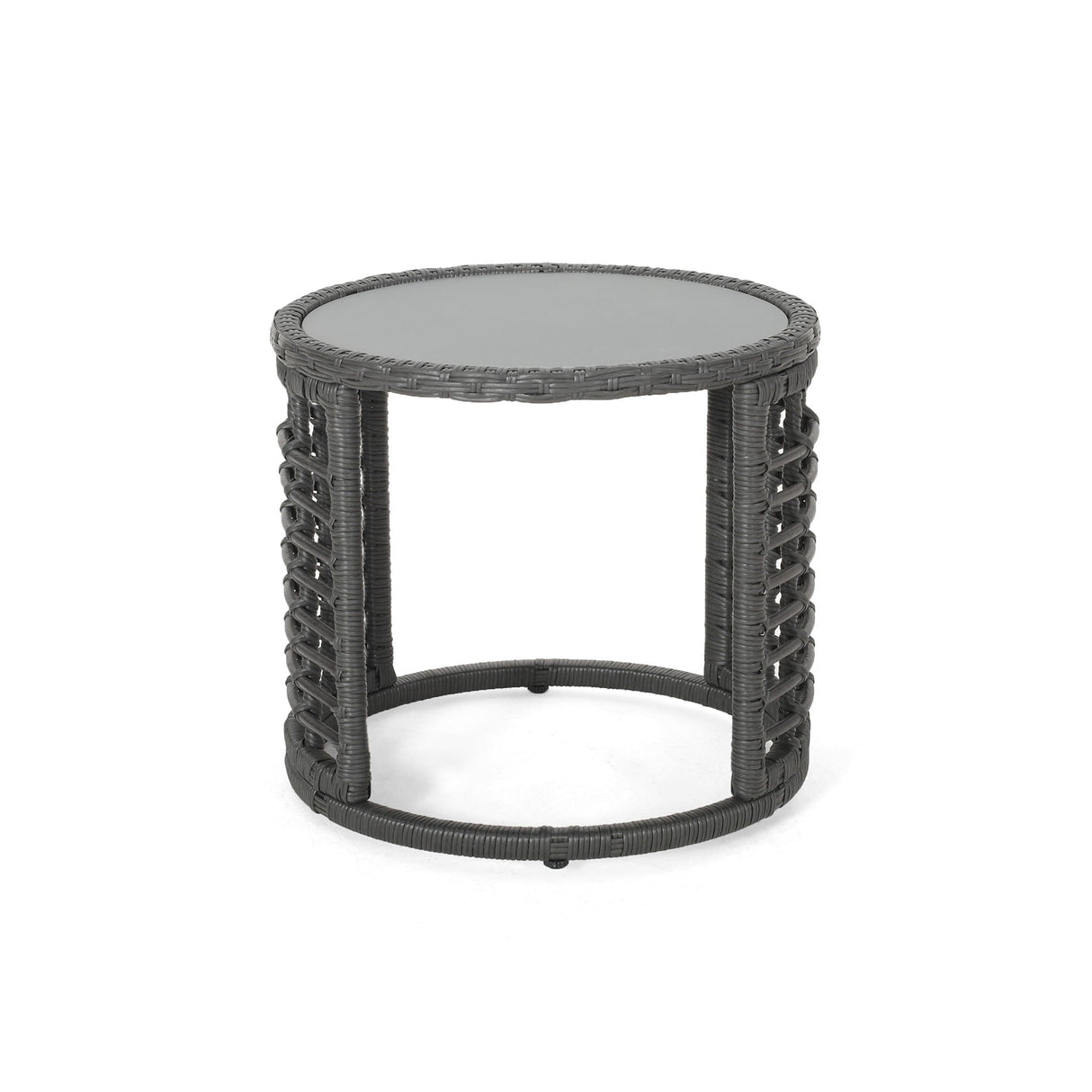 Achill Outdoor Modern Boho Wicker Side Table With Glass Top - Gray