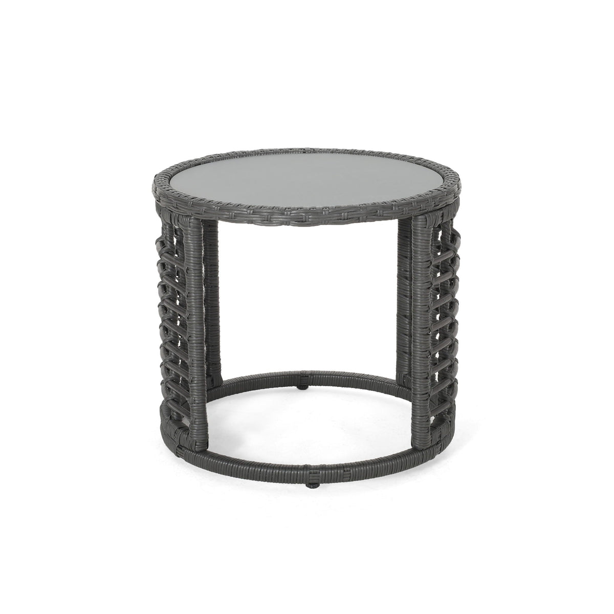 Achill Outdoor Modern Boho Wicker Side Table With Glass Top - Gray