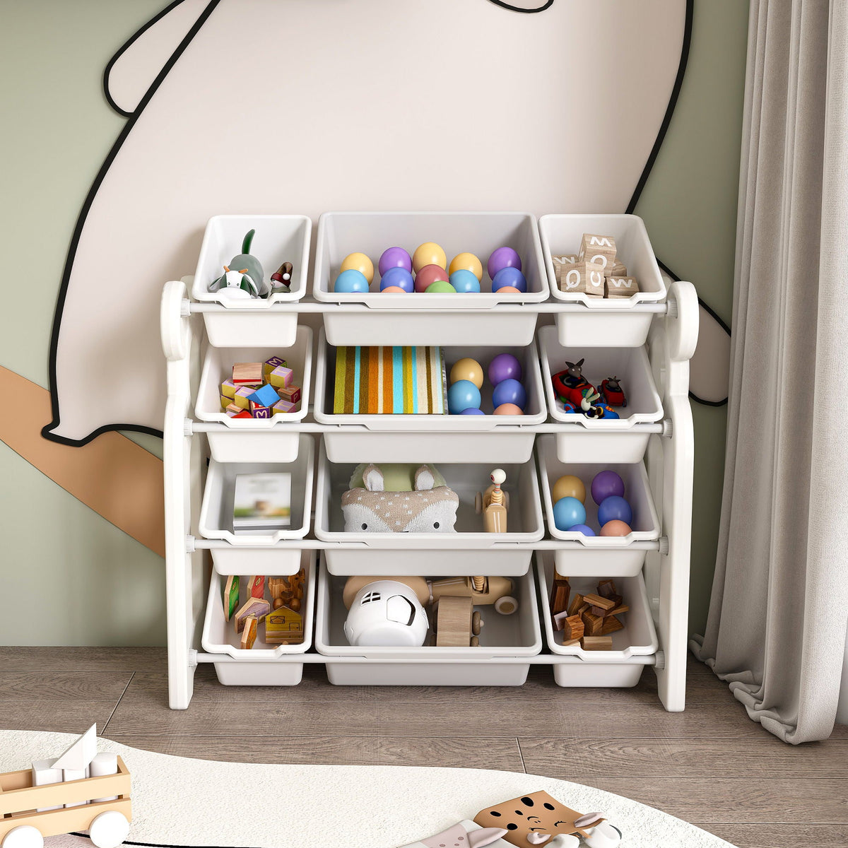 Multi Functional Kids Toy Storage Organizer Cabinet With Hdpe Shelf And 12 Bins - Gray White