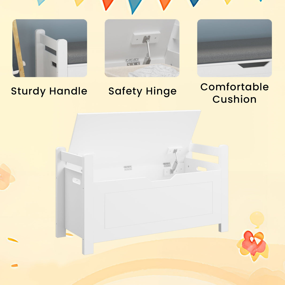 Kids Toy Box Chest Storage Cabinet With Cushion Seat Bench Flip Top Lid Safety Hinge - White