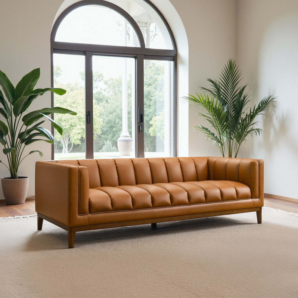 Melissa Mid-Century Cognac Vegan Leather Modern Sofa