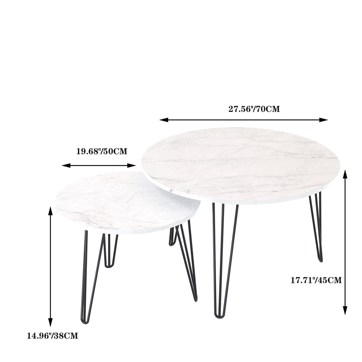 Rustic Round Nesting Coffee Table Set of 2 with Metal Frame - White, Black, Light Brown