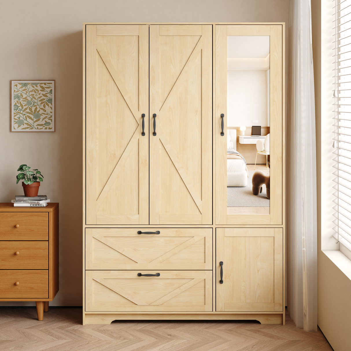 4 Doors Wardrobe Closet with Mirror, LED Lighting & Storage