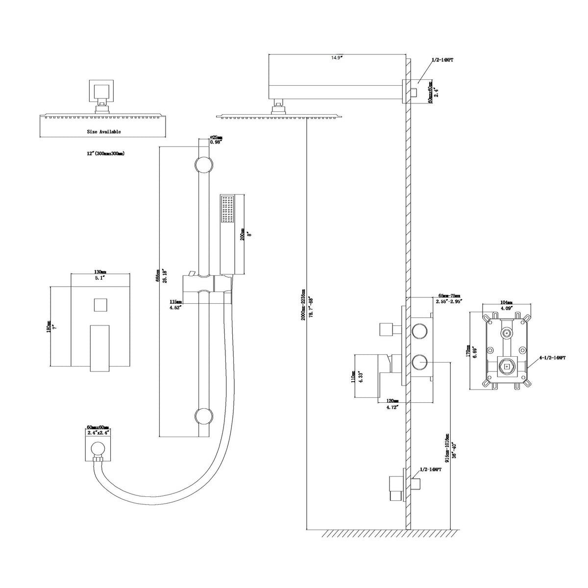 Wall Mounted Shower System with Adjustable Slide Bar - Matte Black