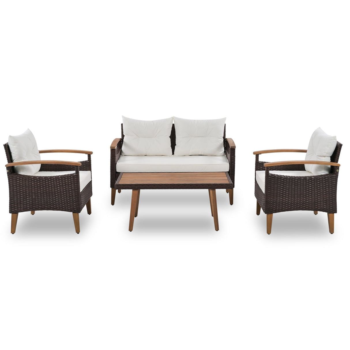 4 Piece PE Rattan Outdoor Sofa Set with Wood Table and Legs