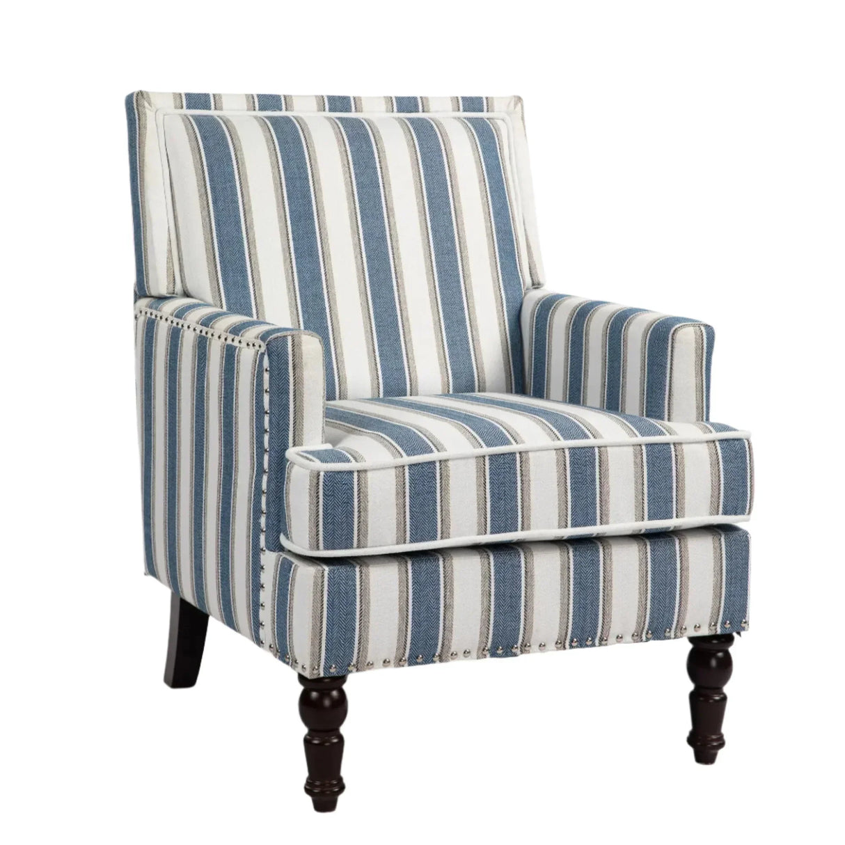Upholstered Accent Chair with Striped Linen Fabric and Nailhead Trim