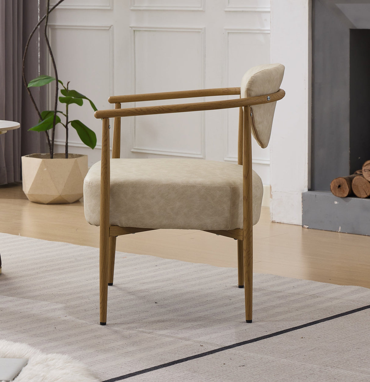 Beige PU Leather Dining Room Chair with Metal Frame