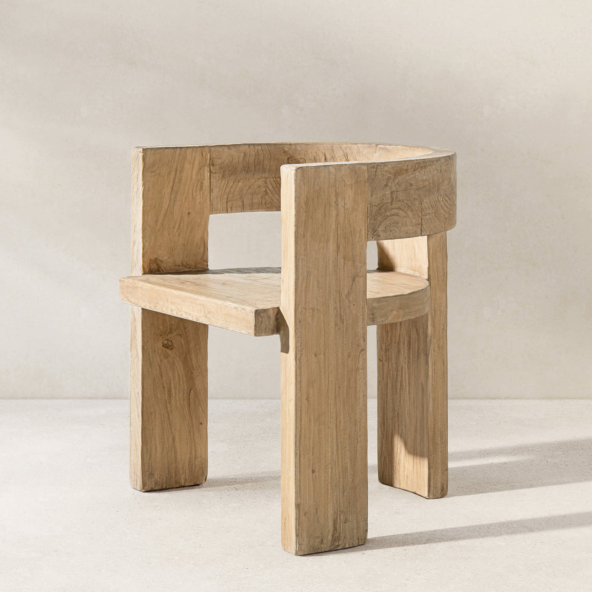 Soren Solid Reclaimed Elm Sculptural Accent Curved Dining Chair, Heritage Light Natural Brown