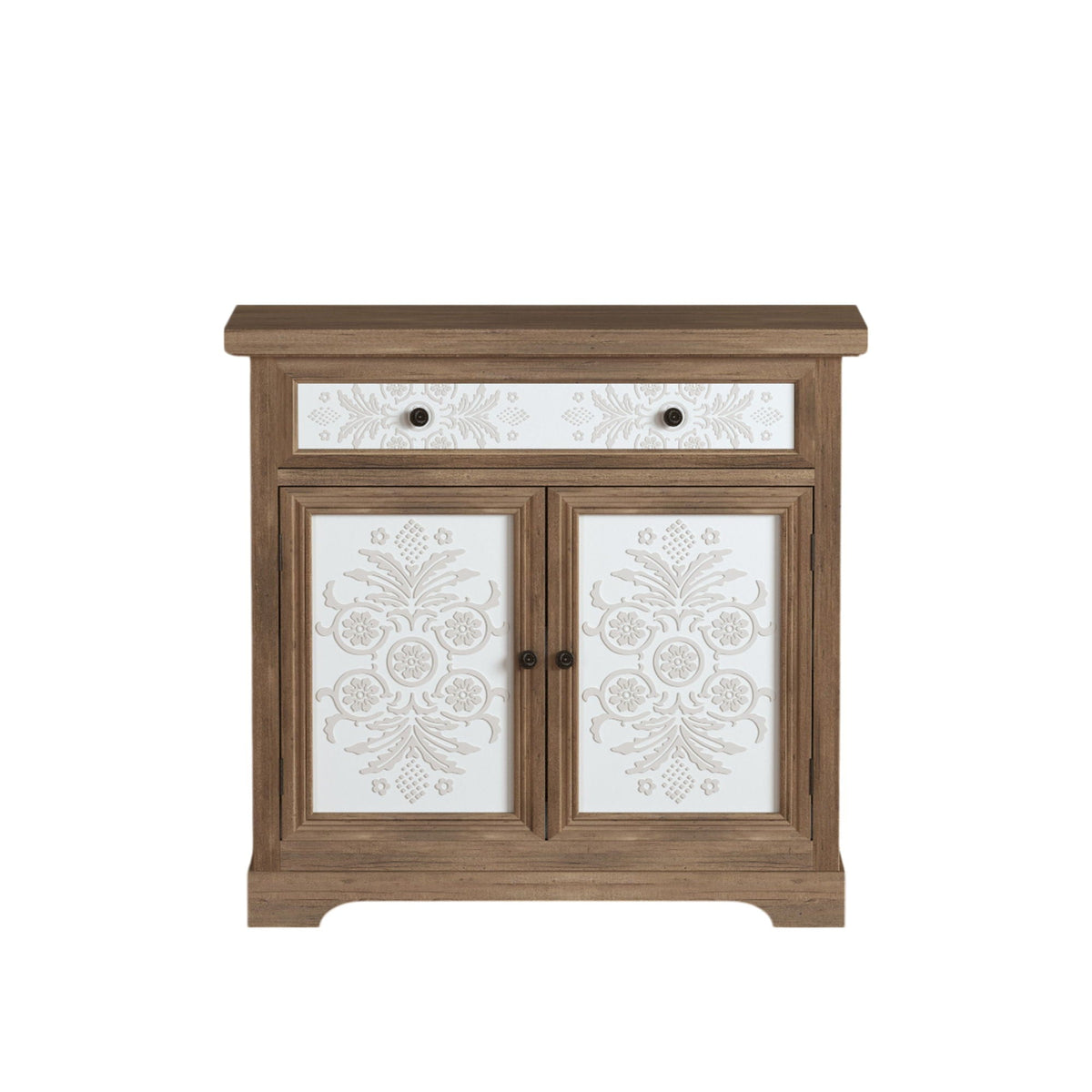 Accent Cabinet With Carved Floral Panels, Sideboard With Drawer And Double Doors - Antique Brown / White