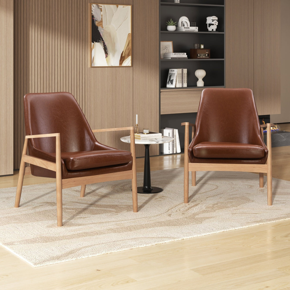 U-Can PU Leather Accent Chair Set of 2 Mid-Century Modern Armchair with Solid Wood Frame