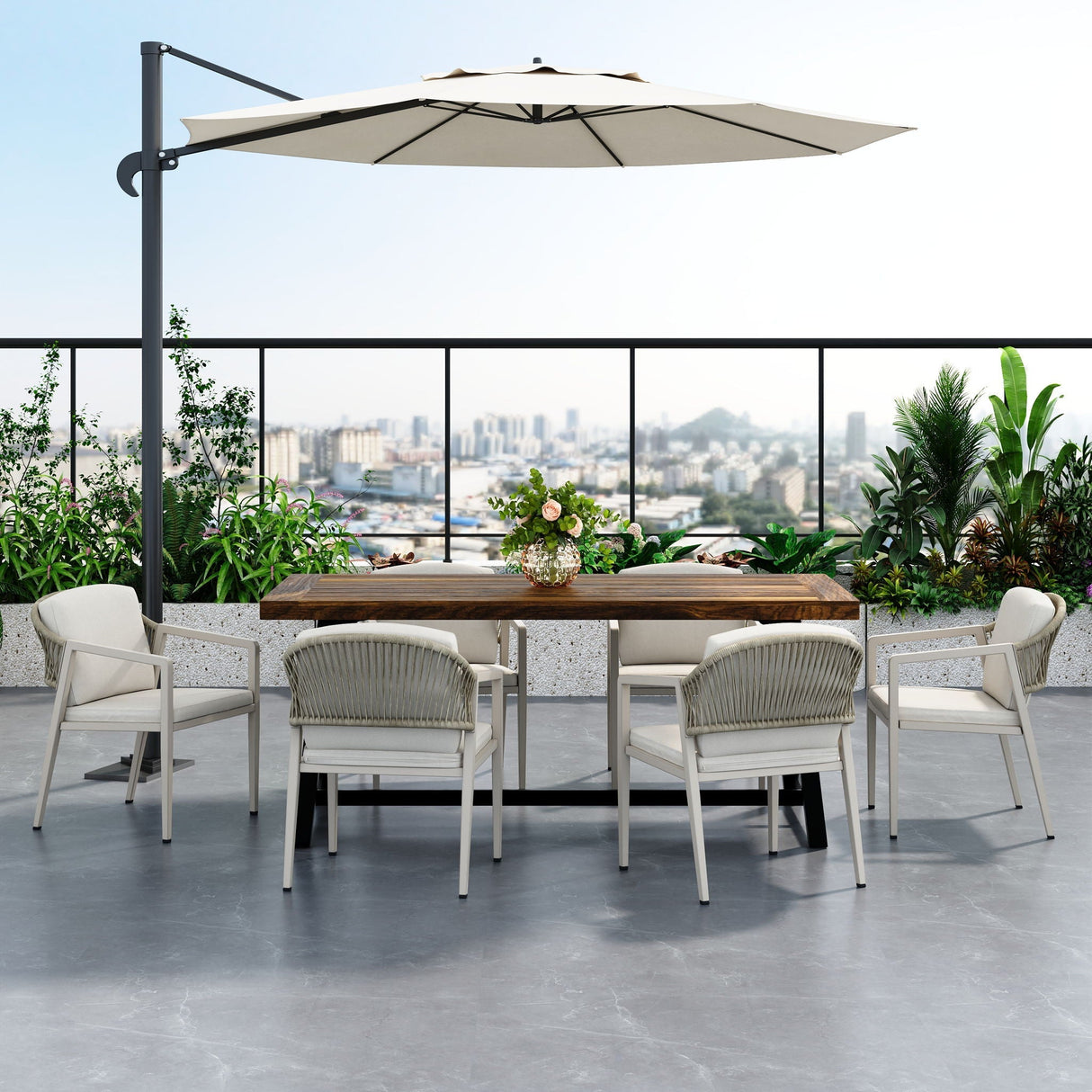 7 Pieces Modern Outdoor Dining Set with Acacia Wood Table and Chairs