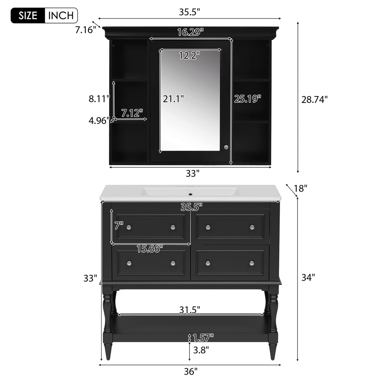 Bathroom Vanity with Medicine Cabinet, Storage Cabinet with 4 Drawers, Adjustable Shelf Mirror