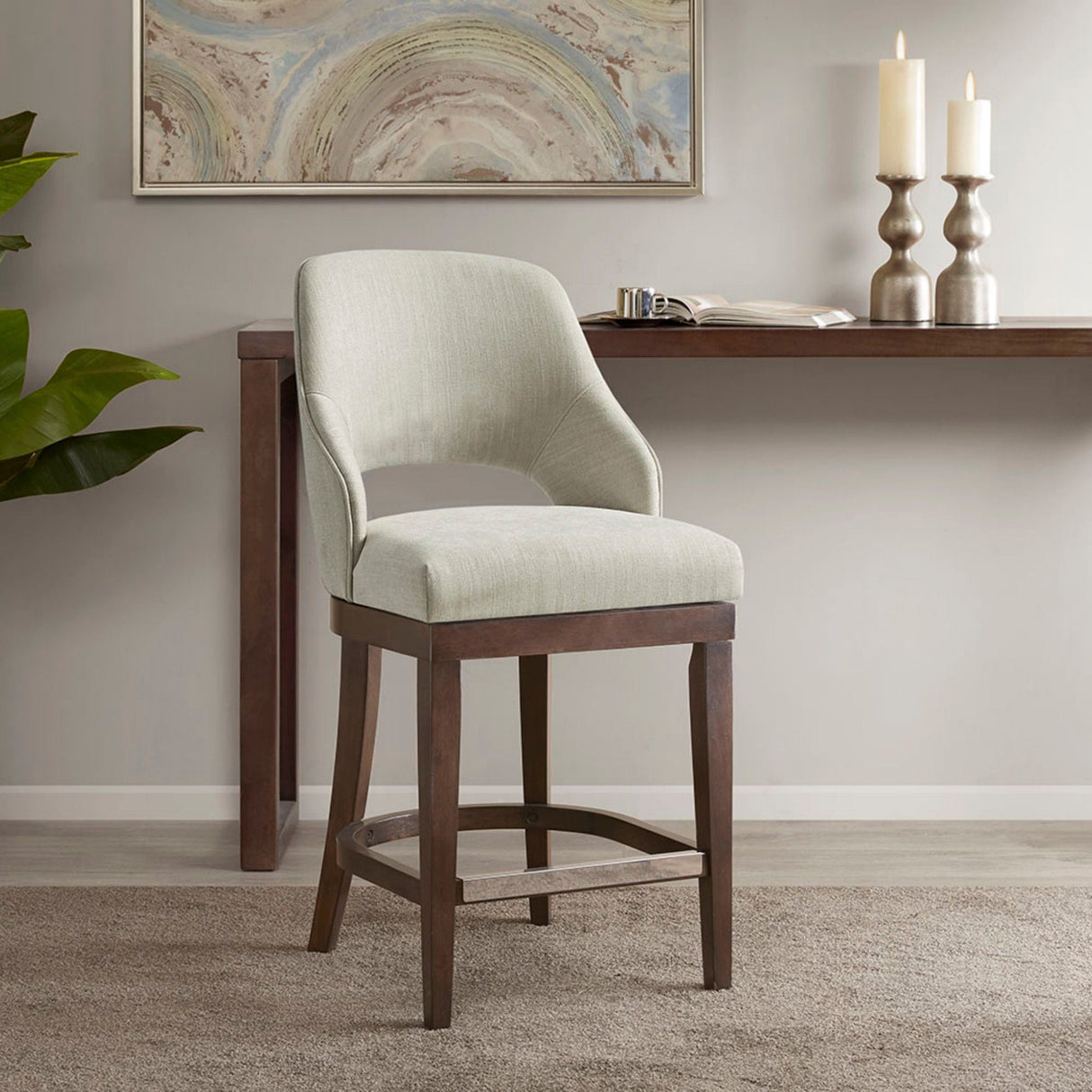 Counter Stool With Swivel Seat, Upholstery And Solid Wood Legs - Cream