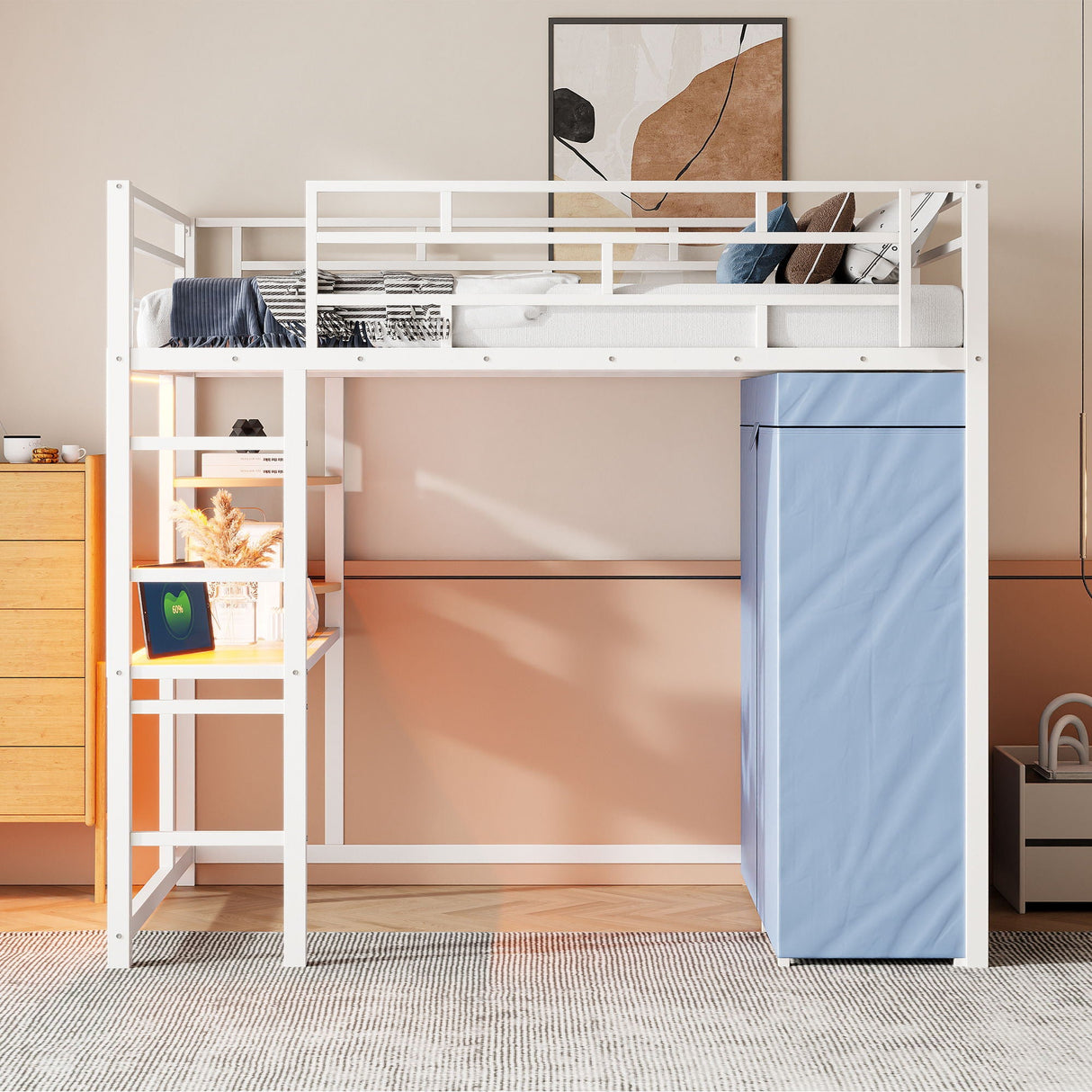 Loft Bed With Desk, Shelves, Power Outlet, LED Light And Wardrobe