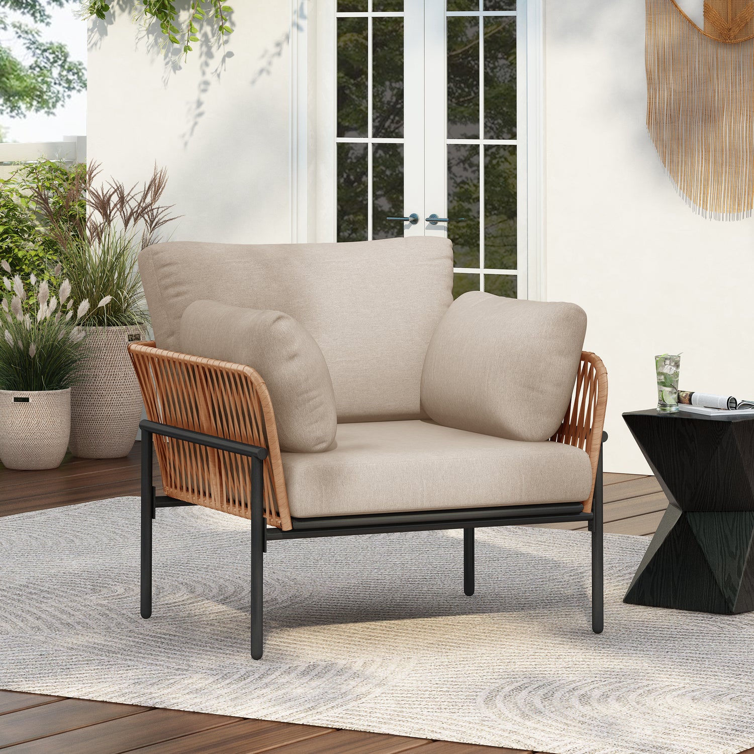 36'-Beige-and-Light-Wood-Tone-Rope-Iron-Lounge-Chair-with-Cushions,-Perfect-for-Natural-and-Modern-Spaces-Outdoor-Chairs