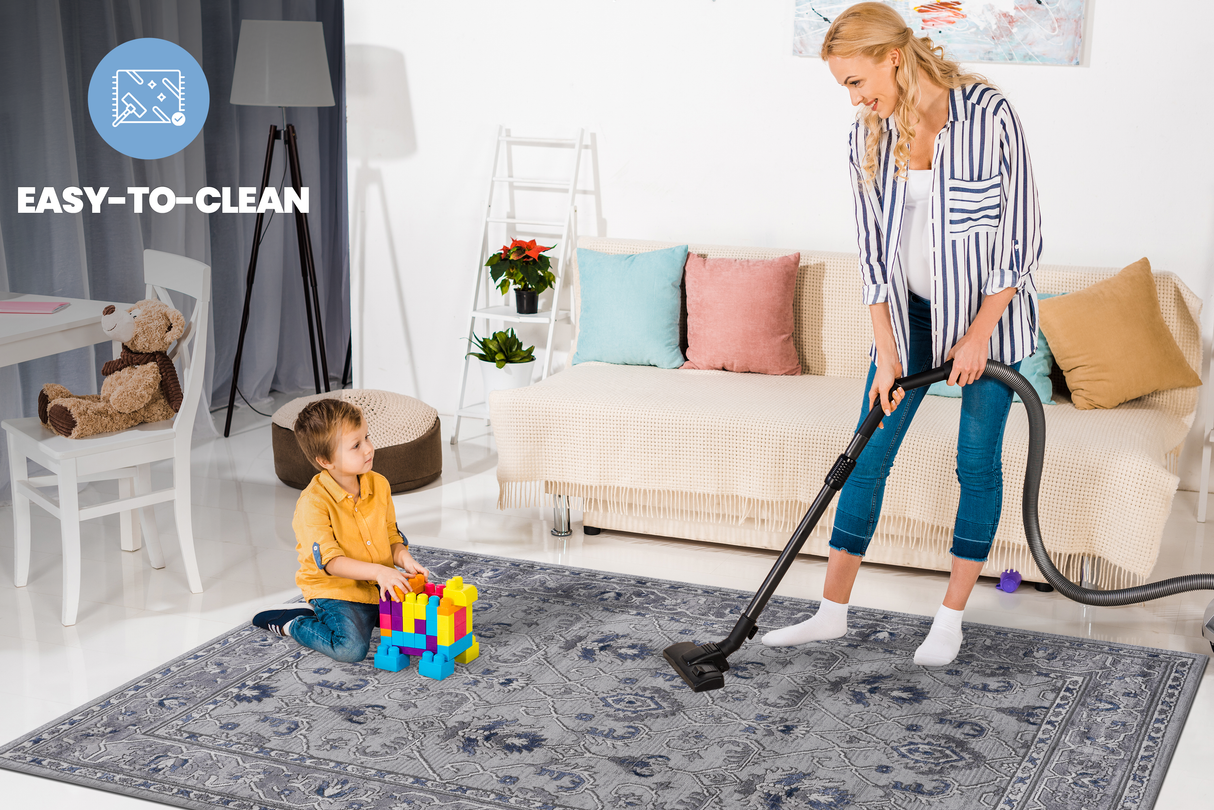 NAAR MARFI Collection 2X8 Grey/Blue/Oriental Non-Shedding and Stain Resistant Area Rug