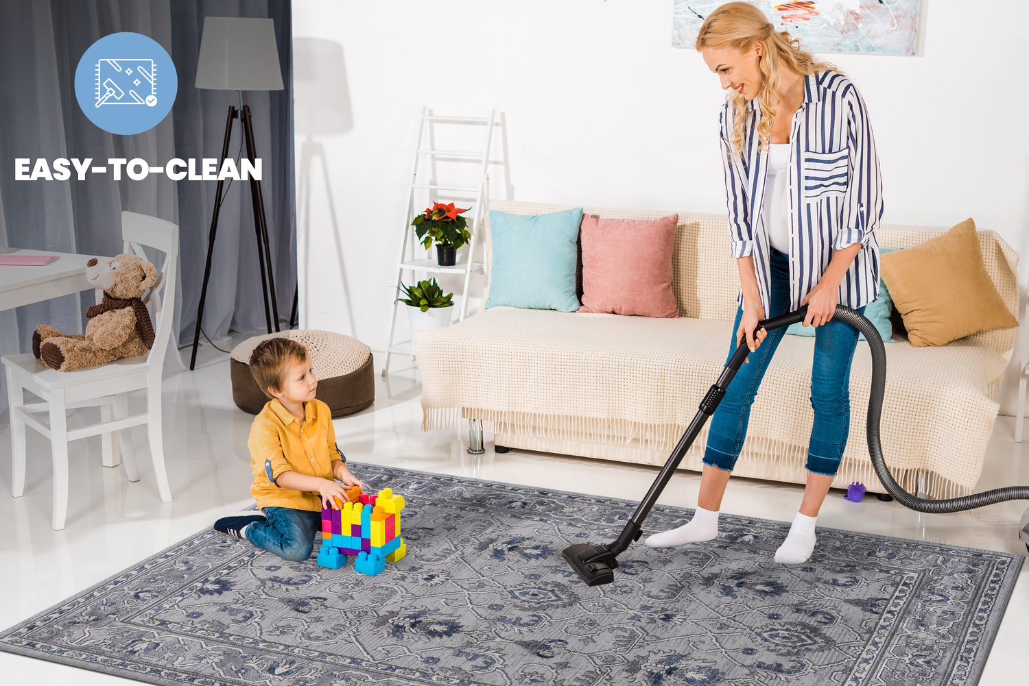 NAAR MARFI Collection 2X8 Grey/Blue/Oriental Non-Shedding and Stain Resistant Area Rug