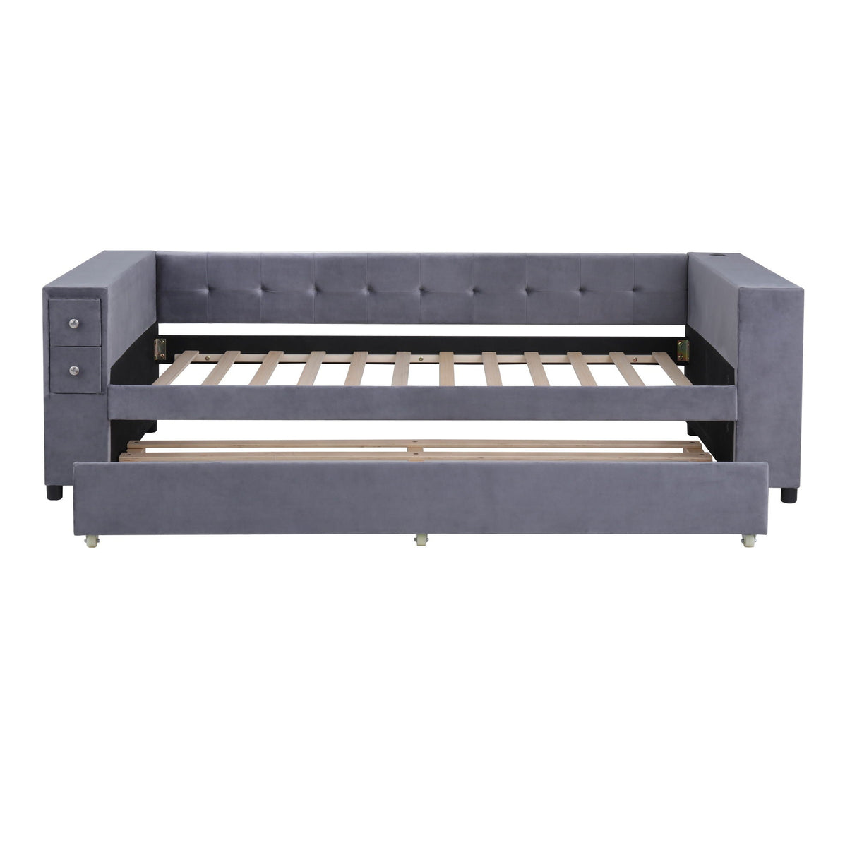 Upholstered Bed With Storage And Twin Trundle, USB Charging Ports