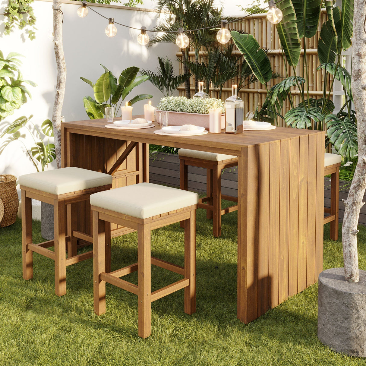 5 Piece Outdoor Bar Set with Acacia Wood Table and Cushioned Stools