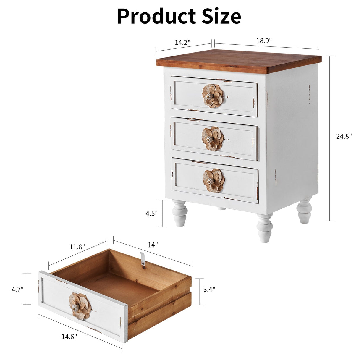 Rustic Dark Blue 3-Drawer Wooden Cabinet with Aged Finish & Floral Handles