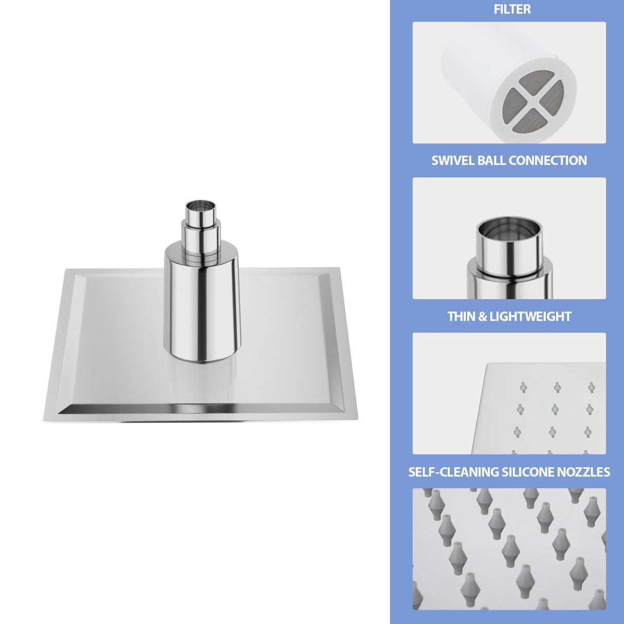 Ultra Thin 8" Square Rain Shower Head 304 Stainless Steel, Wall / Ceiling Mounted