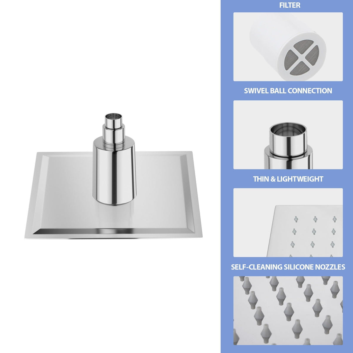 Ultra Thin 8" Square Rain Shower Head 304 Stainless Steel, Wall / Ceiling Mounted