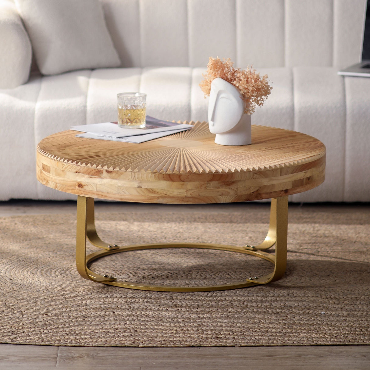 Modern Round Coffee Table with Wooden Carving Pattern and Metal Legs in Golden Natural Finish, Pine and MDF Construction