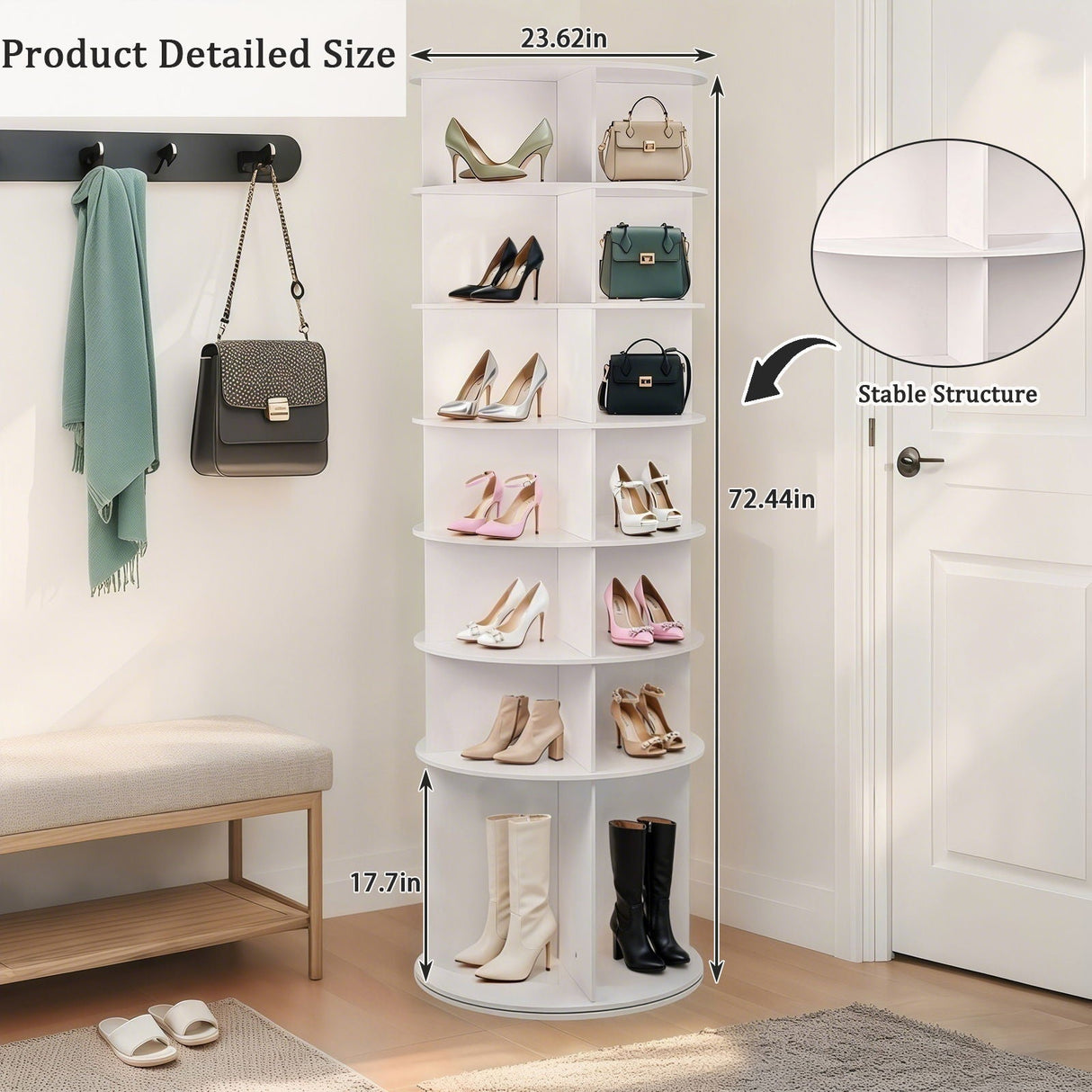 7 Tier Rotating Shoe Rack With High Base Design, Freestanding 360° Organizer For 28 Pairs - White