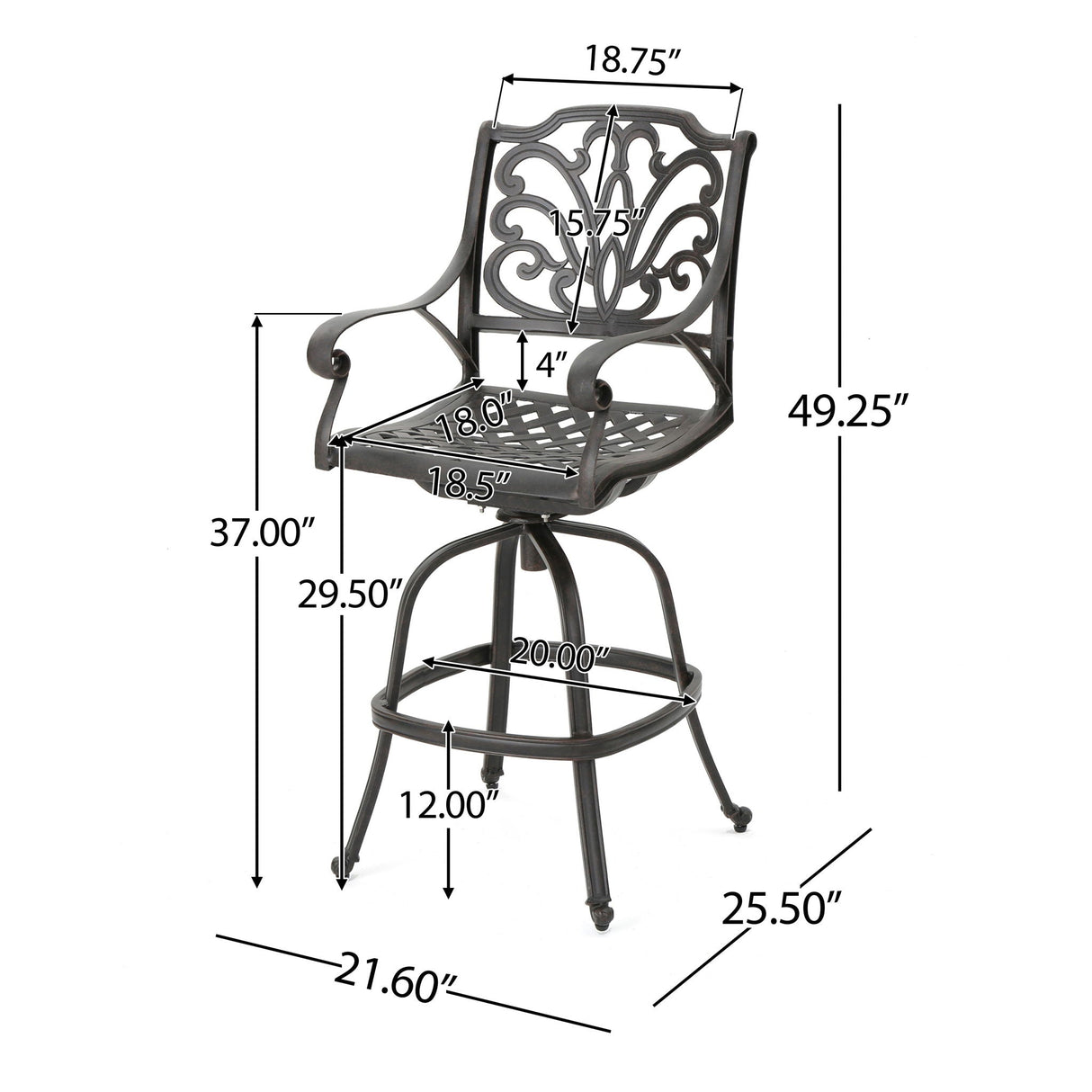Outdoor Cast Aluminum Swivel Bar Stool with Scrolled Arms - Bronze