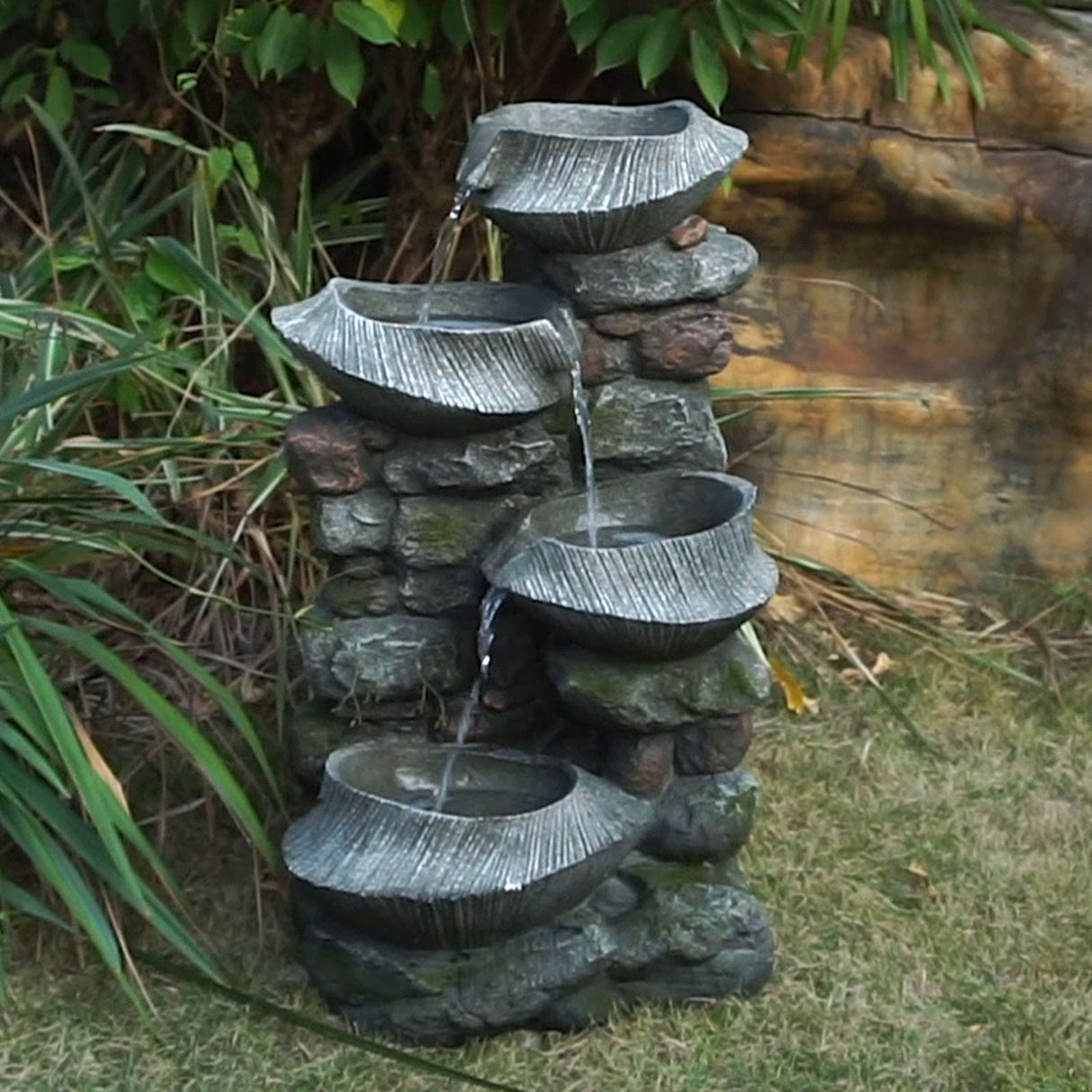 Indoor Outdoor Stone Water Fountain - 4 Tier Polyresin with LED Light