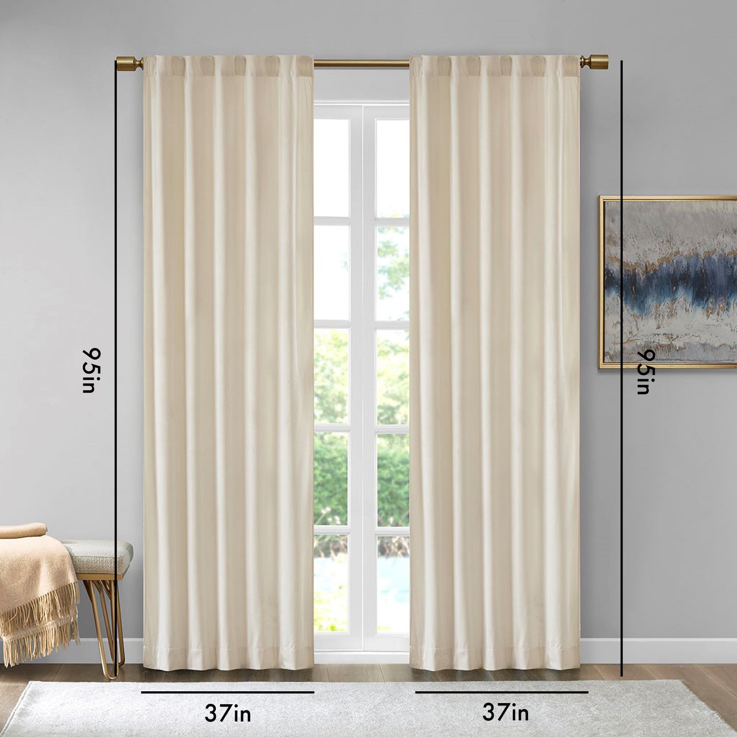 Room darkening metallic printed poly velvet rod pocket/back tab window panel pair ivory 37x95"