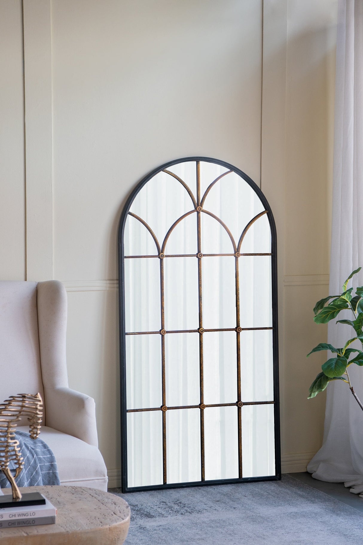 34x65.5' Arched Full-Length Mirror with Black and Gold Windowpane Design