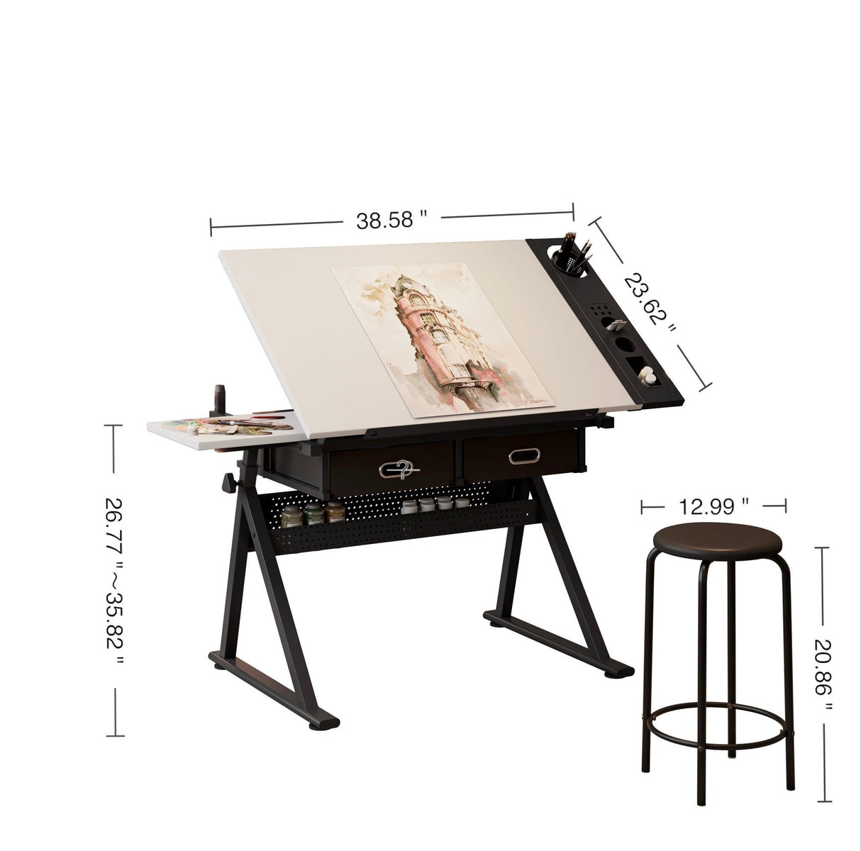 Adjustable Drawing Drafting Table Desk with 2 Drawers
