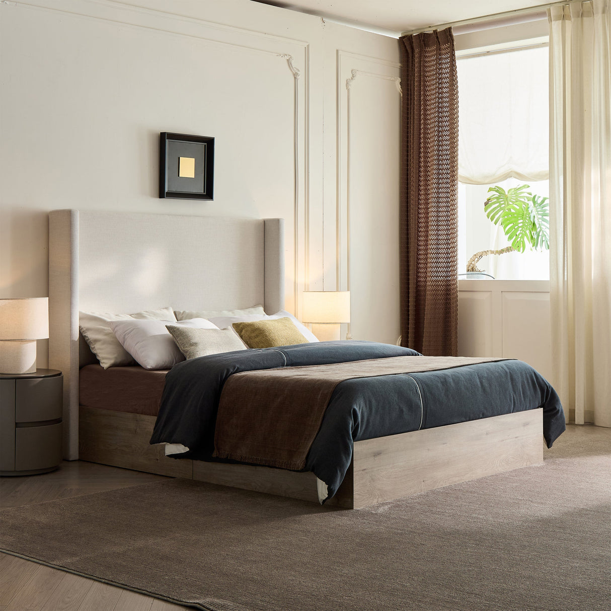 Shelton Upholstered Wingback Bed with 54-inch High Headboard in Textured Ivory Canvas Chenille