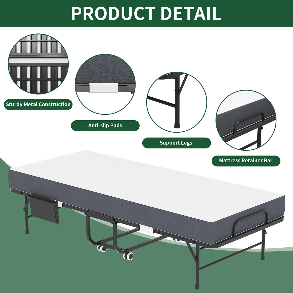 75 Inch Folding Bed with 5" Memory Foam Mattress