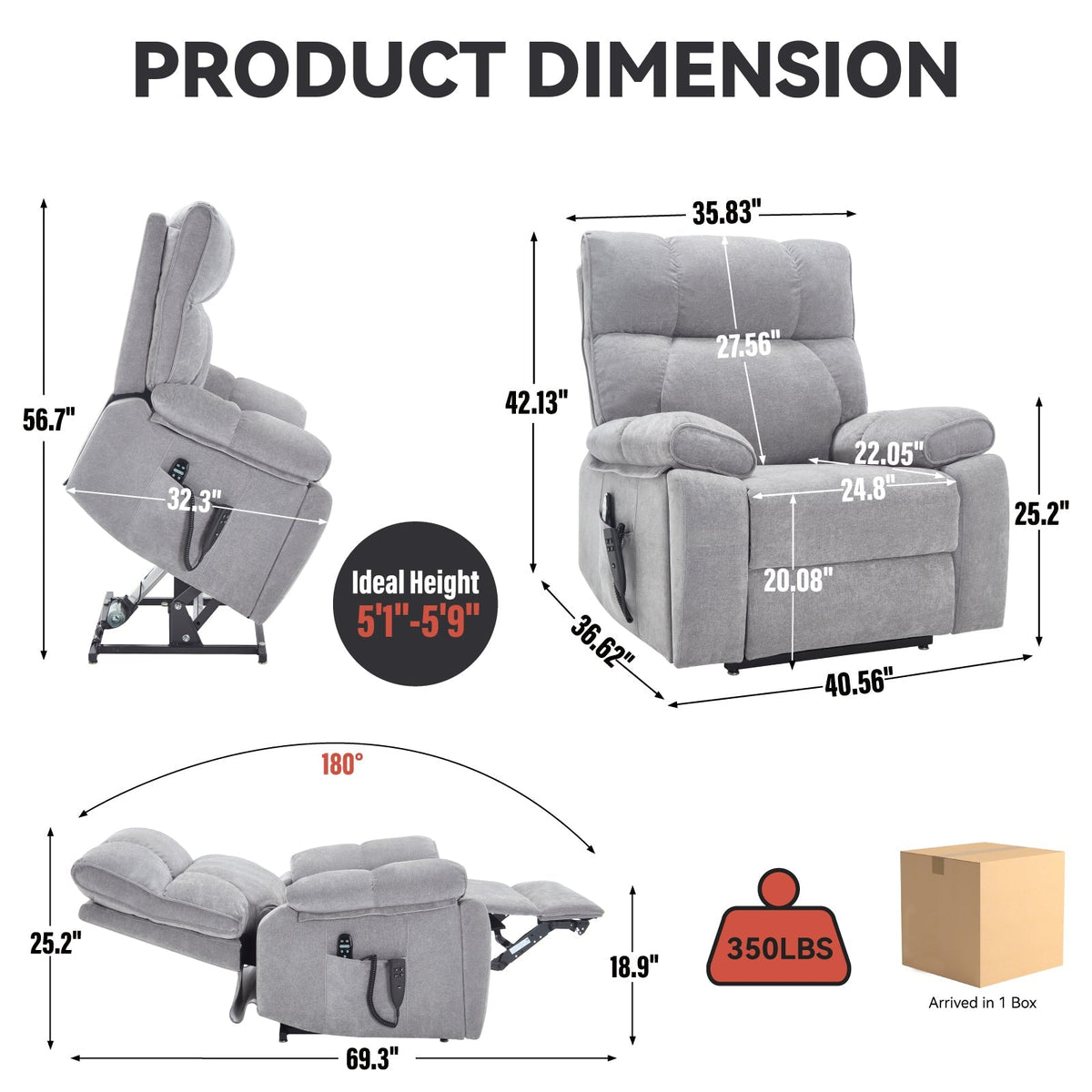 Grey Heat Massage Dual Motor Power Lift Recliner with Chenille Upholstery - Grey