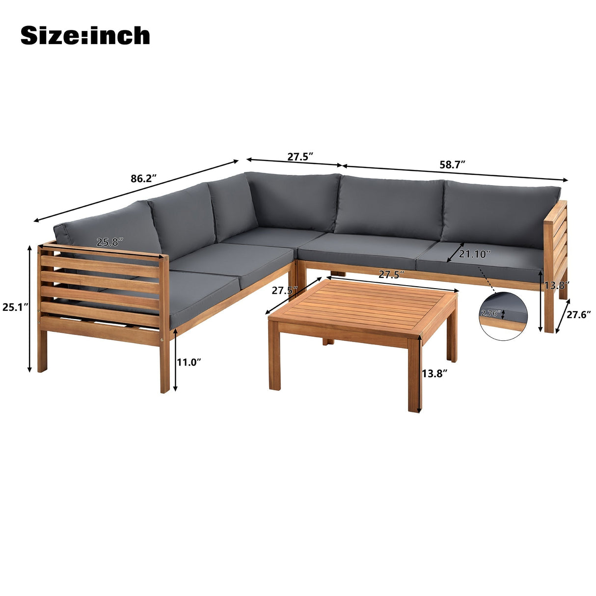 GO Wood Structure Outdoor Sofa Set with Gray Cushions