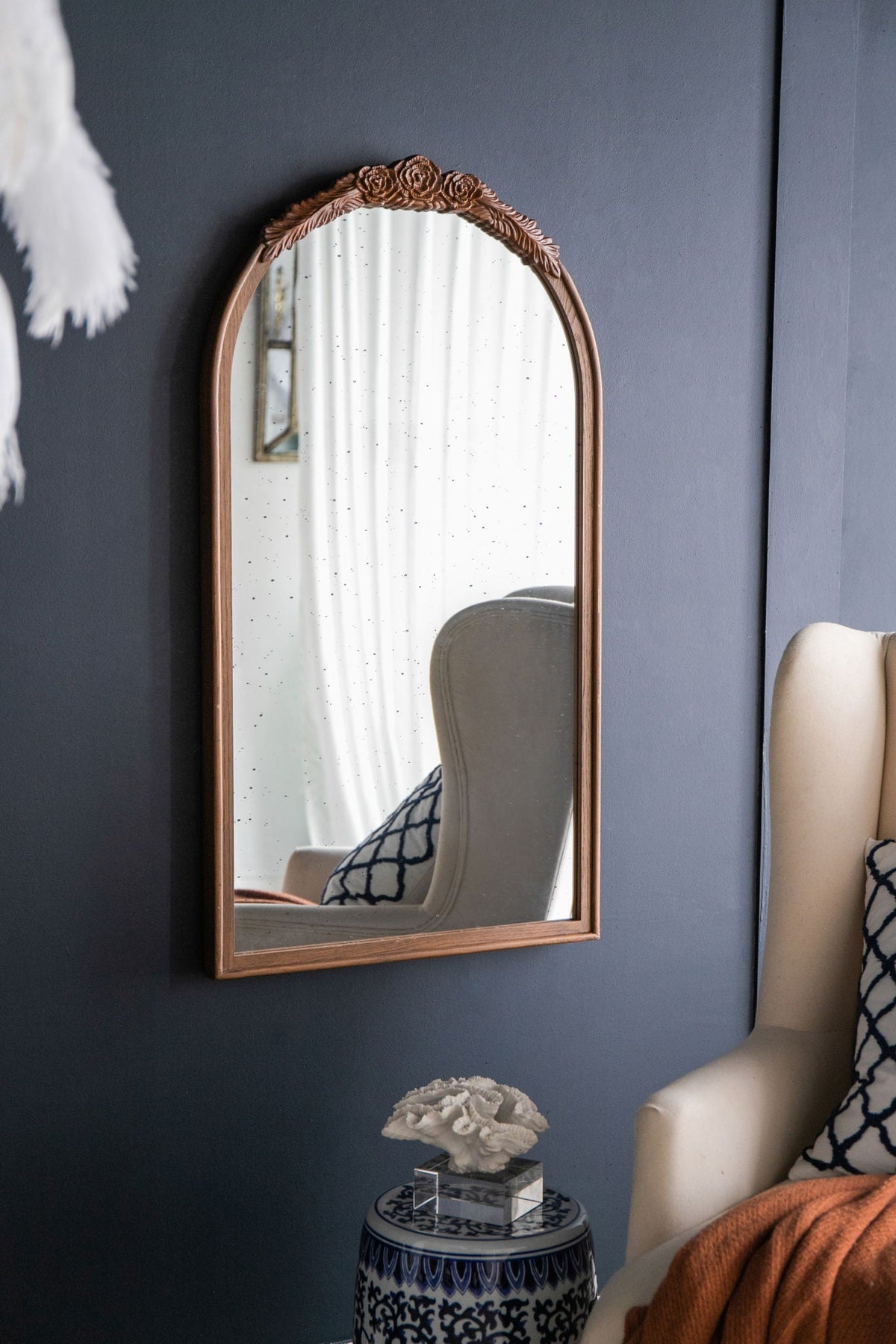Hand Carved Rose Antique Mirror Frame, Wood Arch Mirror Wall Decor For Living Room